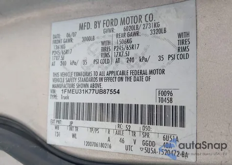 2007 Ford Explorer Sport Trac Xlt из США, поврежденный, VIN 1FMEU31K77UB87554